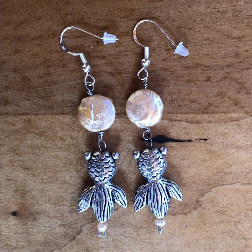 HAND CRAFTED Koi Goldfish Charm Pink Coin / Baroque Pearl Drop Silver Earrings